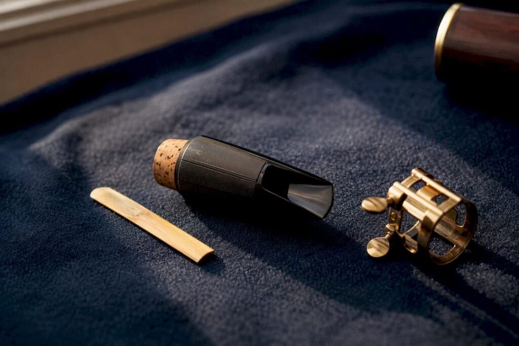 Clarinet mouthpiece with reed on warm leather