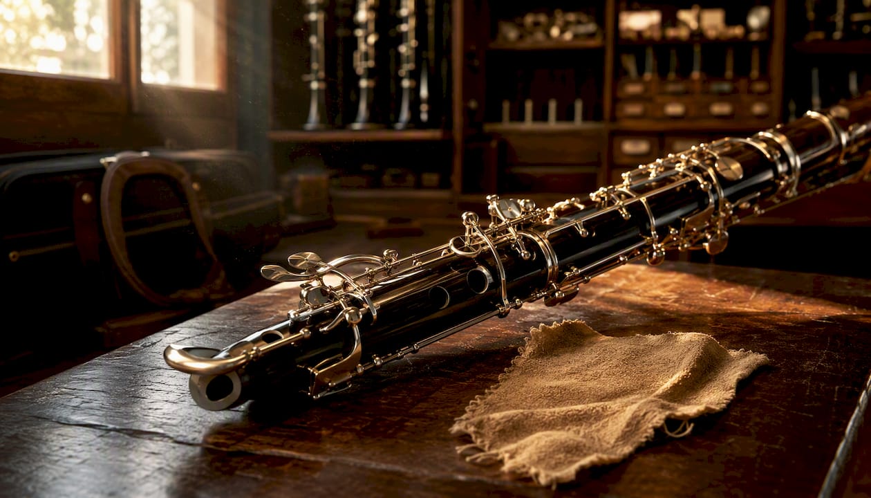 Middle section of basset horn clarinet on cloth