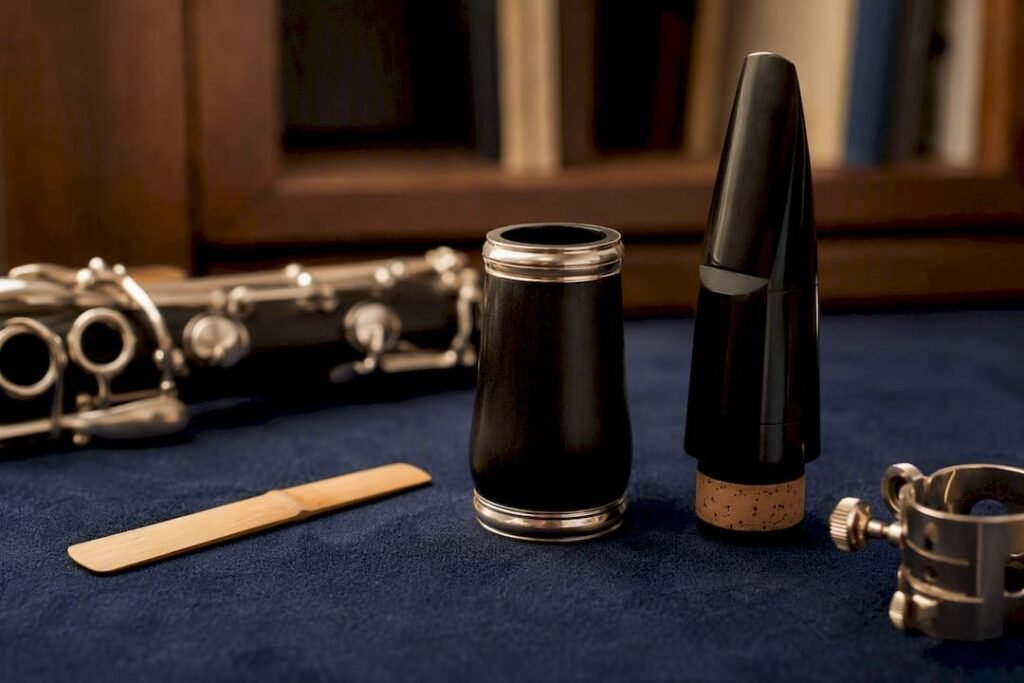 Clarinet barrel and mouthpiece setup close-up