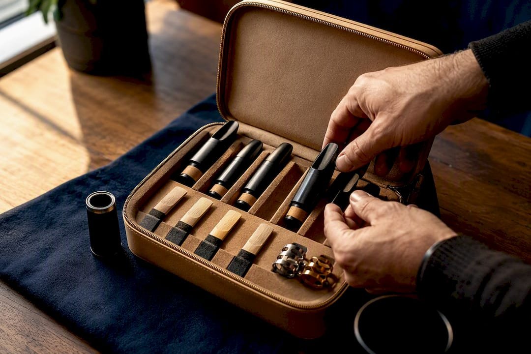 Hands comparing cropped clarinet mouthpiece components