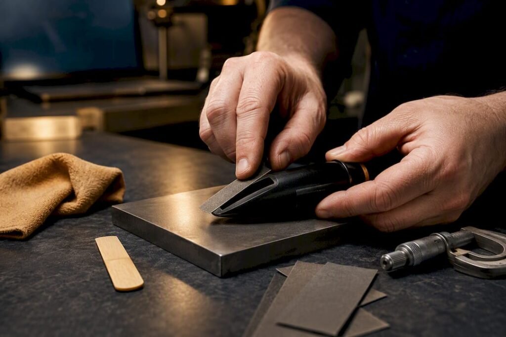 Technician carefully refacing a clarinet mouthpiece
