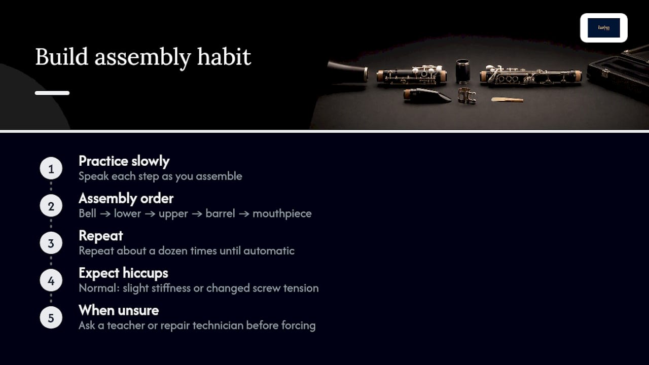 Beginner Clarinet Assembly: Manufacturer Care Tips & Test Box A Note From Milos on Building the Habit — overview diagram