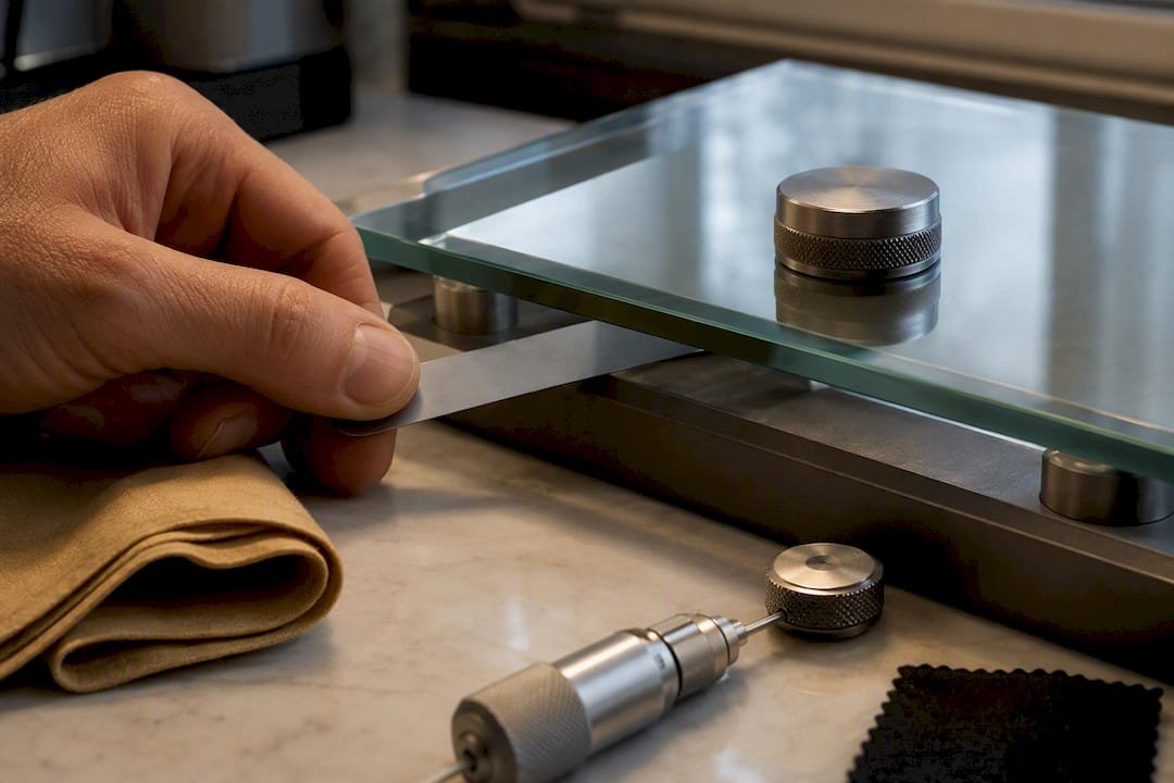 Stop Repeat Refacing: Mouthpiece Refacing Process in 0.01–0.02 mm Steps Feeler gauge checking mouthpiece table flatness