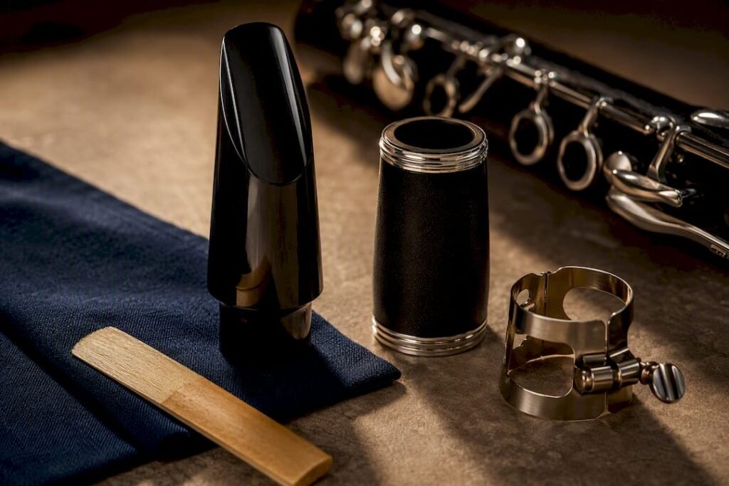 Cropped premium clarinet components under soft light